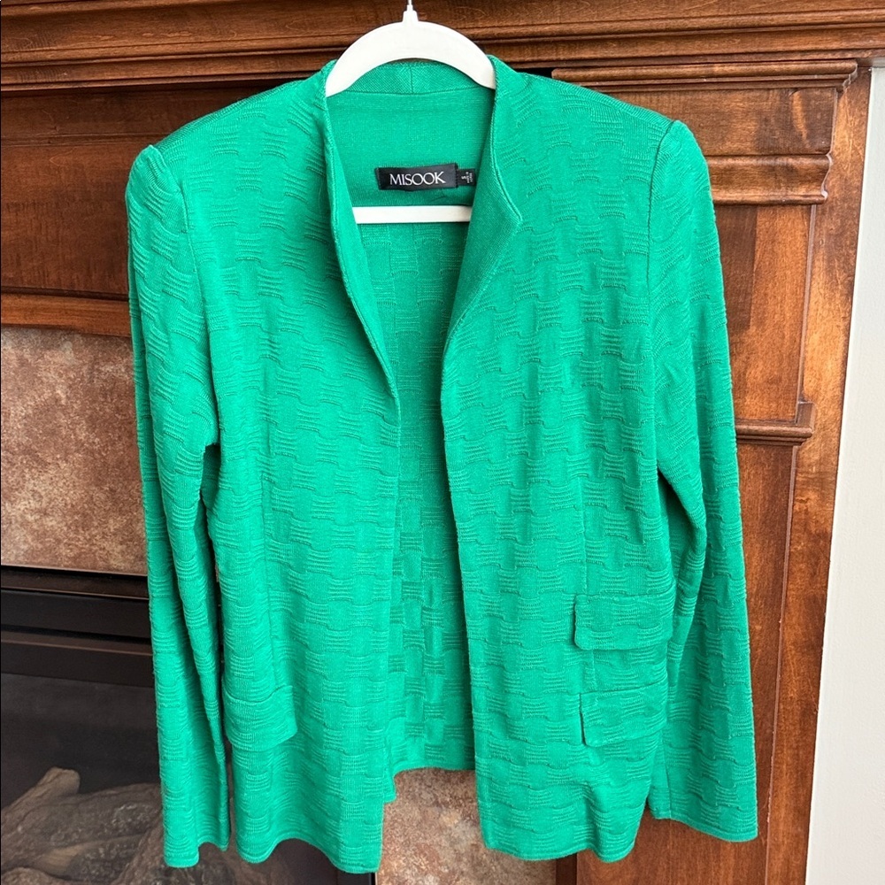 Misook Kelly Green open front basket weave textured sweater blazer size small
